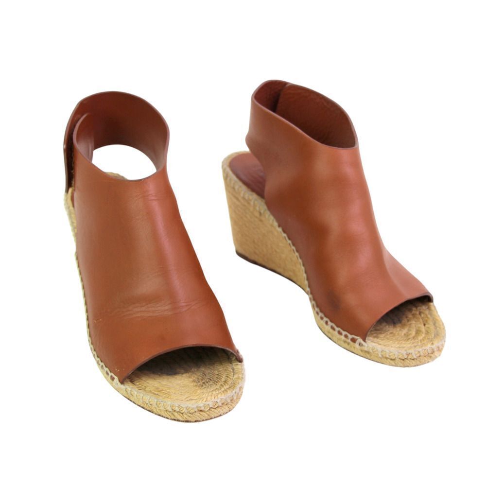 CELINE PARIS BROWN GENUINE LEATHER OPEN TOE WEDGE SLINGBACK SANDALS SHOES Sz 38
